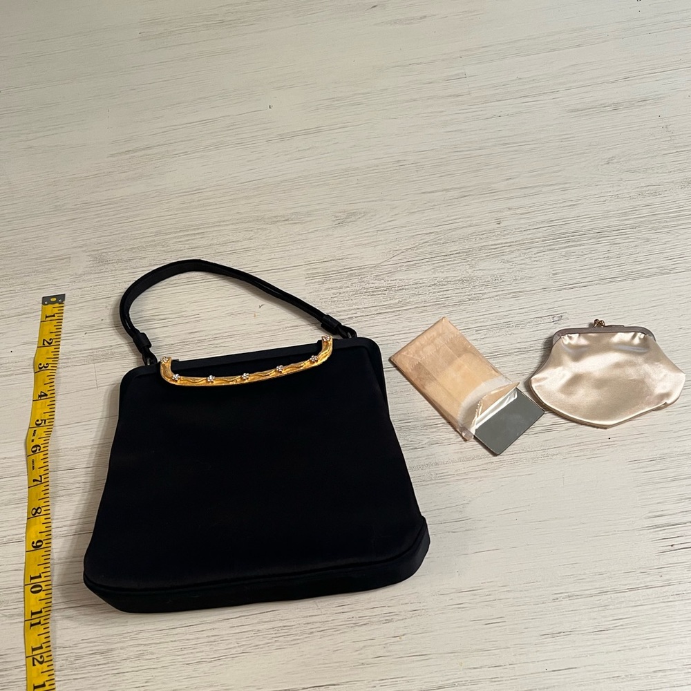 L & M bags by Edward black satin bad mother of pearl satin, coin purse, & mirror